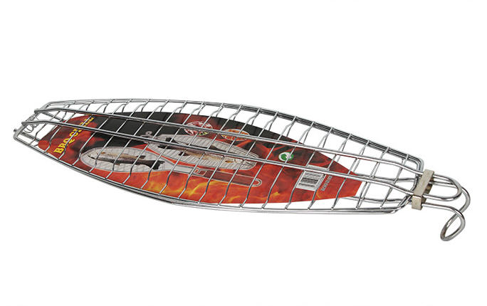 thumbnail image 2 of BBQ Grill Fish Clip / Basket – 46x22.5cm, Silver, Wood & Iron Handle, Reusable 2 of 4